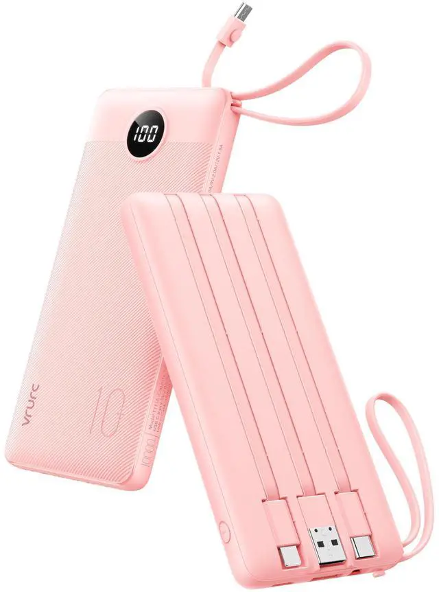 Main image of Portable Charger Power Bank, Built-in 4 Cables & 2 Ports,10000mAh Slim Battery Pack with LED Display, Travel Essential USB C Portable Phone Charger for All Cell Phones Devices-Pink(1 Pack)
