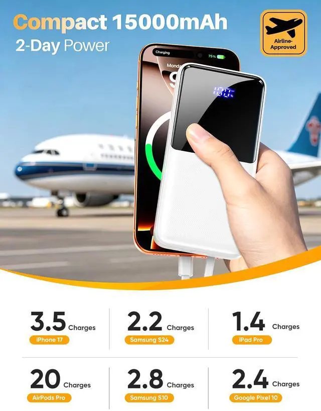 Alt view image 3 of 7 - Portable Charger Power Bank 15000mAh Battery Pack with Built in Cable