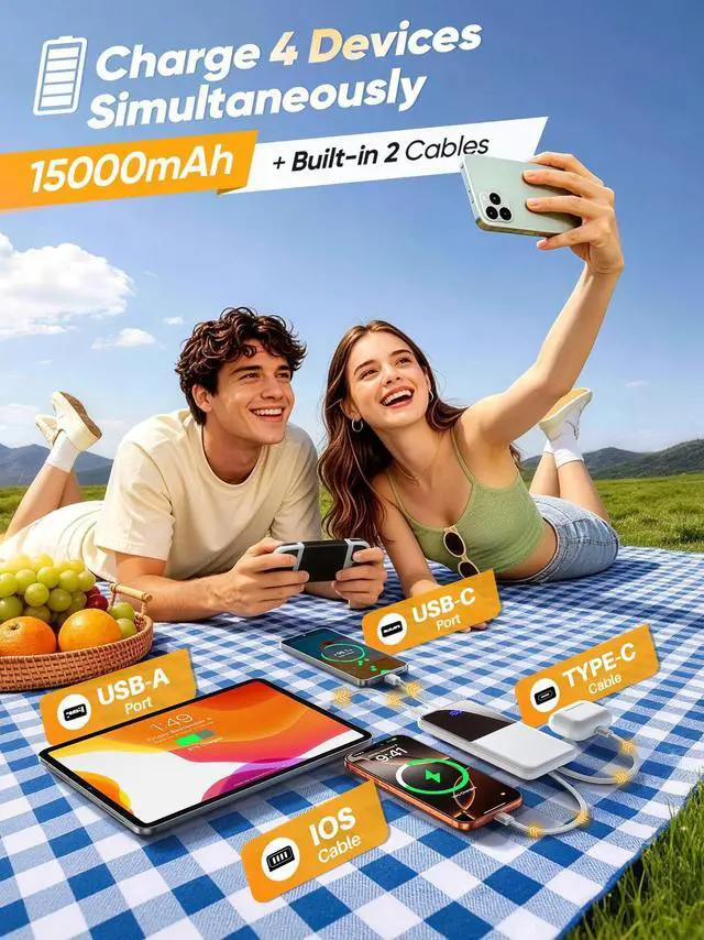 Alt view image 5 of 7 - Portable Charger Power Bank 15000mAh Battery Pack with Built in Cable