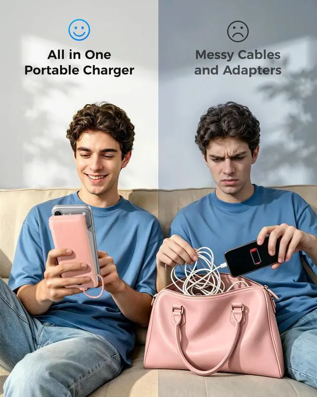 Alt view image 6 of 7 - Portable Charger Power Bank with Built-in AC Plug and Cables, All in One 10000mAh Ultra Slim Travel Essentials, Fast Charging Battery Pack Compatible with iPhone, Samsung, More, Dark Pink