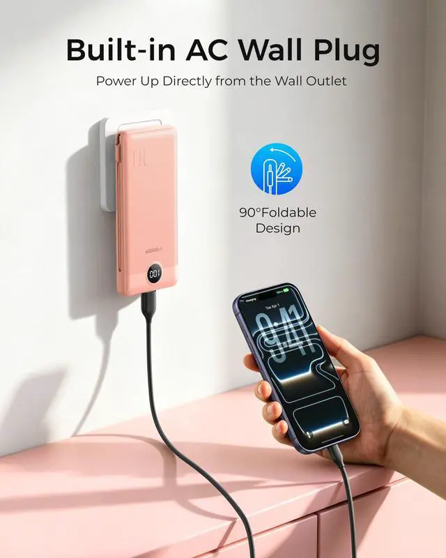 Alt view image 2 of 7 - Portable Charger Power Bank with Built-in AC Plug and Cables, All in One 10000mAh Ultra Slim Travel Essentials, Fast Charging Battery Pack Compatible with iPhone, Samsung, More, Dark Pink
