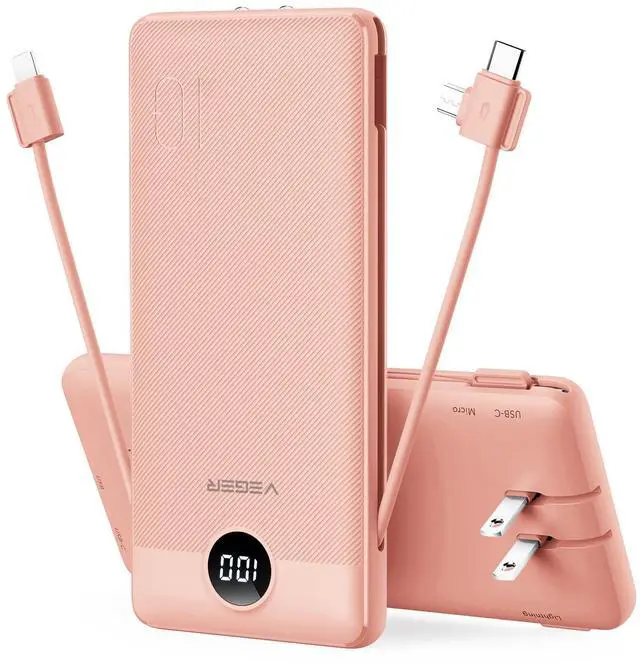 Main image of Portable Charger Power Bank with Built-in AC Plug and Cables, All in One 10000mAh Ultra Slim Travel Essentials, Fast Charging Battery Pack Compatible with iPhone, Samsung, More, Dark Pink