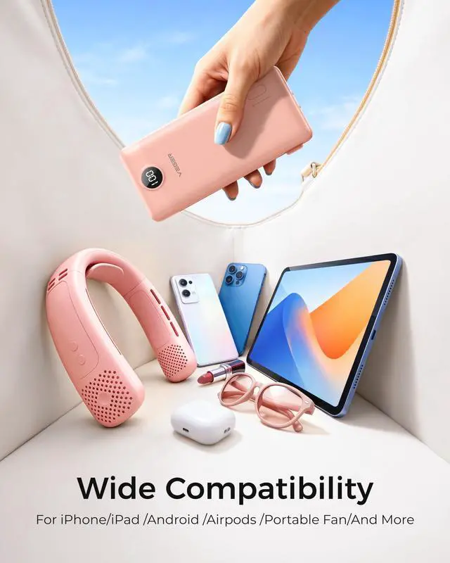 Alt view image 4 of 7 - Portable Charger Power Bank with Built-in AC Plug and Cables, All in One 10000mAh Ultra Slim Travel Essentials, Fast Charging Battery Pack Compatible with iPhone, Samsung, More, Dark Pink