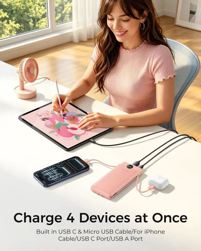Alt view image 3 of 7 - Portable Charger Power Bank with Built-in AC Plug and Cables, All in One 10000mAh Ultra Slim Travel Essentials, Fast Charging Battery Pack Compatible with iPhone, Samsung, More, Dark Pink