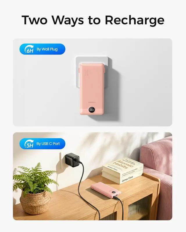 Alt view image 5 of 7 - Portable Charger Power Bank with Built-in AC Plug and Cables, All in One 10000mAh Ultra Slim Travel Essentials, Fast Charging Battery Pack Compatible with iPhone, Samsung, More, Dark Pink