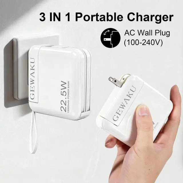 Alt view image 3 of 7 - Detachable Wall Plug Portable Charger 15000mAh Power Bank 22.5W