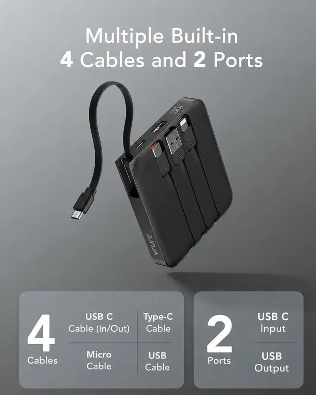 Alt view image 2 of 7 - VRURC Portable Charger with Built-in Cables, 10000mAh 22.5W Fast Charging USB C Power Bank with LED Digital Display, Slim Battery Pack for iPhone 17/16/15 & Samsung Galaxy & Android Phones (Black)