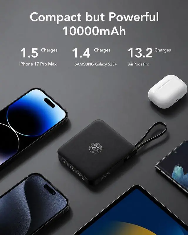Alt view image 6 of 7 - VRURC Portable Charger with Built-in Cables, 10000mAh 22.5W Fast Charging USB C Power Bank with LED Digital Display, Slim Battery Pack for iPhone 17/16/15 & Samsung Galaxy & Android Phones (Black)