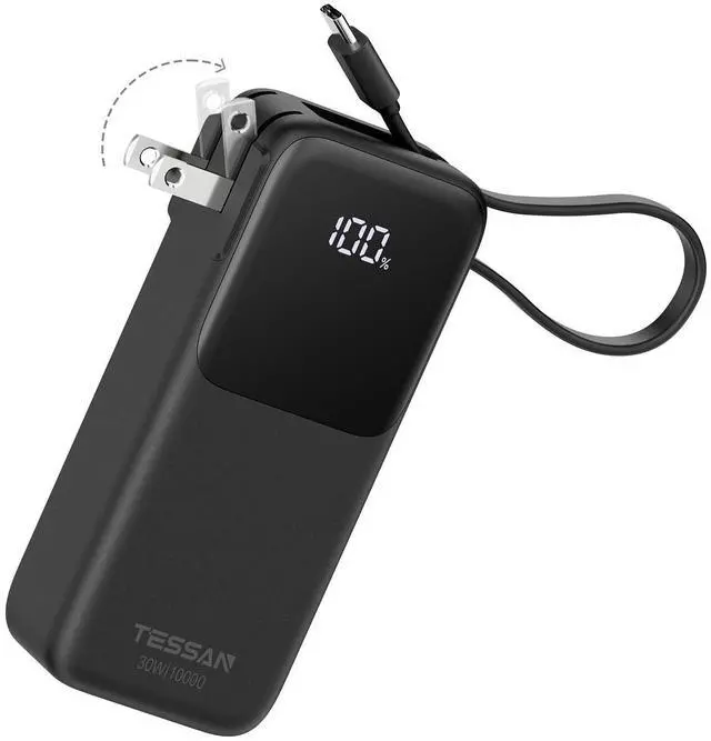 Main image of Portable Charger Power Bank 10000mAh, 30W USB C Battery Pack Built in USB C Cable with Foldable Wall Plug, 3 in 1 Portable Phone Charger Compatible with iPhone 17/16/15 Series, Samsung, Travel