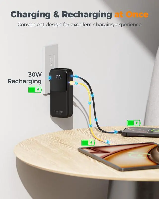Alt view image 2 of 6 - Portable Charger Power Bank 10000mAh, 30W USB C Battery Pack Built in USB C Cable with Foldable Wall Plug, 3 in 1 Portable Phone Charger Compatible with iPhone 17/16/15 Series, Samsung, Travel