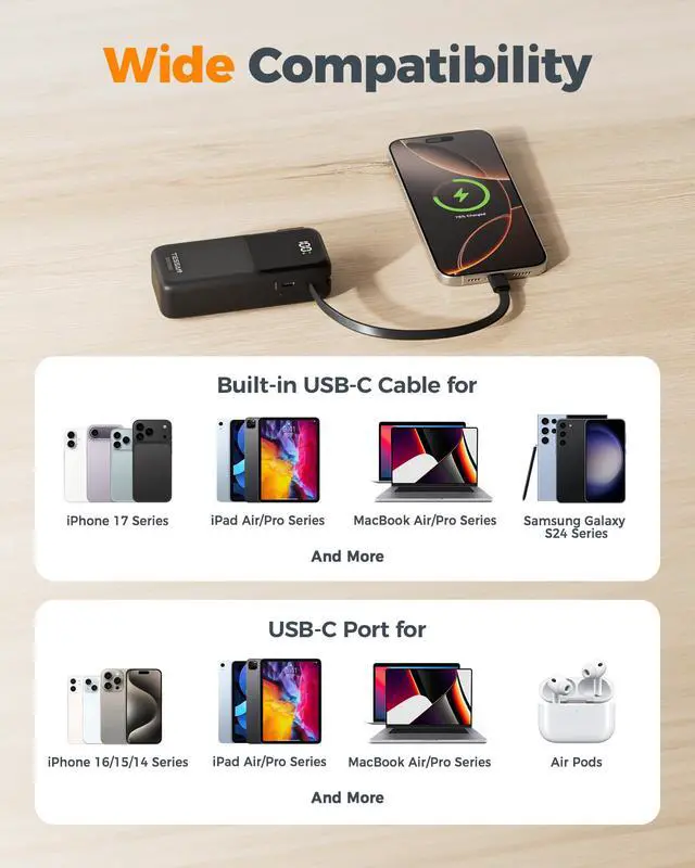 Alt view image 6 of 6 - Portable Charger Power Bank 10000mAh, 30W USB C Battery Pack Built in USB C Cable with Foldable Wall Plug, 3 in 1 Portable Phone Charger Compatible with iPhone 17/16/15 Series, Samsung, Travel
