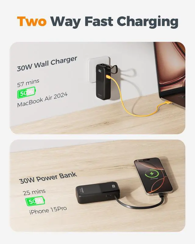 Alt view image 3 of 6 - Portable Charger Power Bank 10000mAh, 30W USB C Battery Pack Built in USB C Cable with Foldable Wall Plug, 3 in 1 Portable Phone Charger Compatible with iPhone 17/16/15 Series, Samsung, Travel