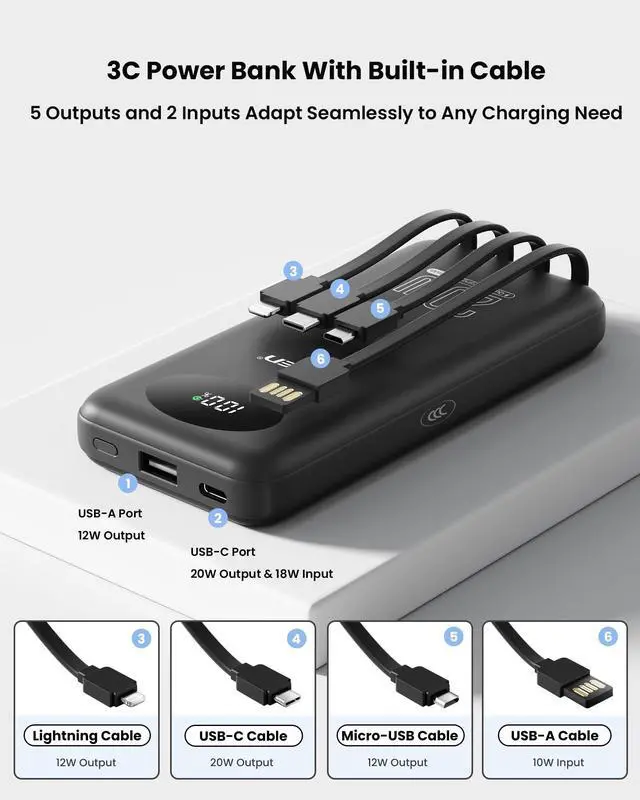 Alt view image 2 of 7 - 3C Certified Power Bank - 10000mAh 20W Fast Charging Battery Pack with Built-in 4 Cable Smart LED Display Flight-Approved Portable Charger Travel Power Bank for iPhone, Samsung, iPad, Tablets