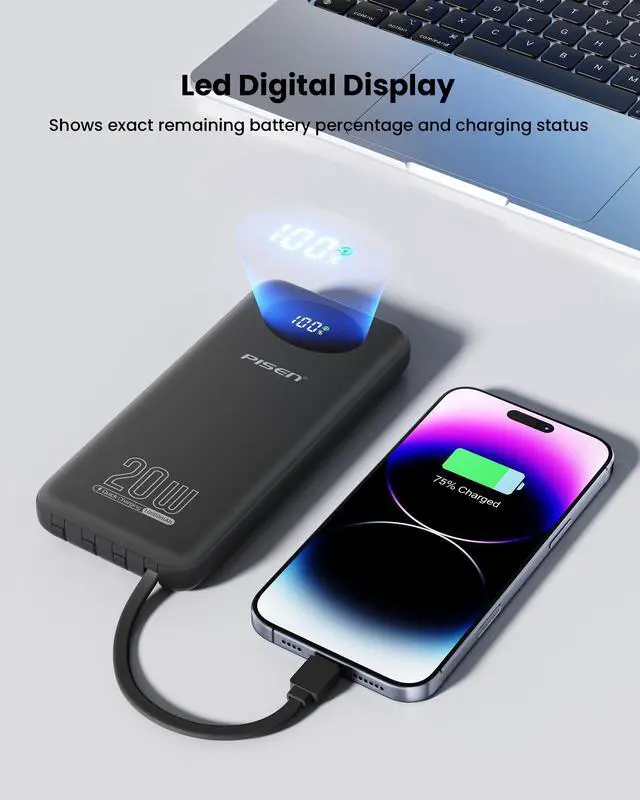 Alt view image 5 of 7 - 3C Certified Power Bank - 10000mAh 20W Fast Charging Battery Pack with Built-in 4 Cable Smart LED Display Flight-Approved Portable Charger Travel Power Bank for iPhone, Samsung, iPad, Tablets