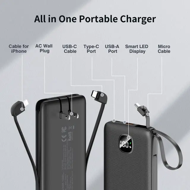 Alt view image 2 of 7 - Portable Charger with Built-in Cables&AC Wall Plug,Slim 10000mAh 22.5W Fast Charging Power Bank,5 Output 2 Input USB-C External Battery Pack Compatible with iPhones,Android,Samsung, etc