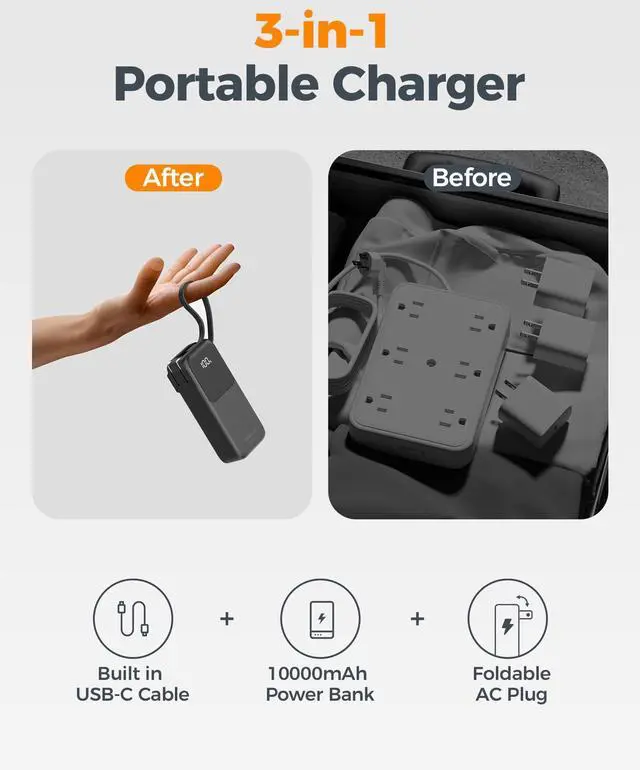 Alt view image 4 of 6 - Portable Charger Power Bank 10000mAh, 30W USB C Battery Pack Built in USB C Cable with Foldable Wall Plug, 3 in 1 Portable Phone Charger Compatible with iPhone 17/16/15 Series, Samsung, Travel