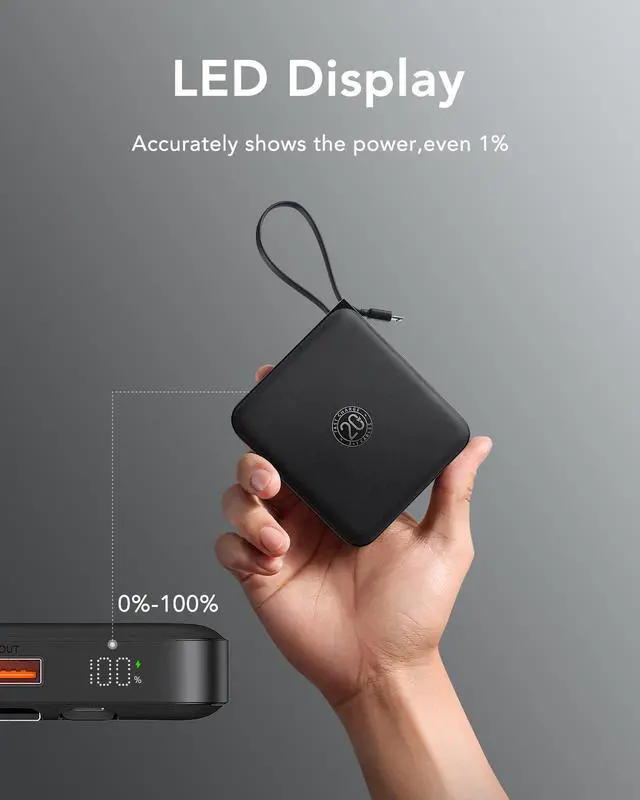Alt view image 4 of 7 - VRURC Portable Charger with Built-in Cables, 10000mAh 22.5W Fast Charging USB C Power Bank with LED Digital Display, Slim Battery Pack for iPhone 17/16/15 & Samsung Galaxy & Android Phones (Black)