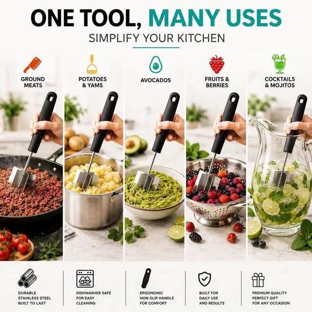 Alt view image 2 of 7 - Stainless Steel Meat Chopper & Masher, 6-Blade, Soft Grip, Dishwasher Safe