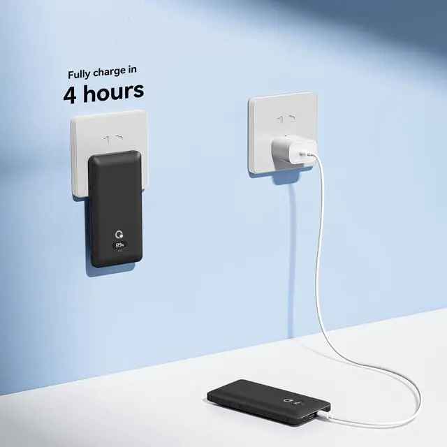 Alt view image 3 of 6 - 10000mAh Portable Charger with Built-in Cables and AC Wall Plug, USB C Fast Charging Power Bank with 3 Cords,5 Output External Battery Pack Compatible with iPhone,Tablet and All Smart Phones Black