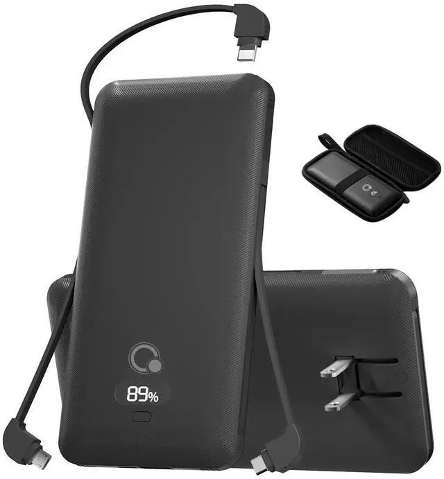 Main image of 10000mAh Portable Charger with Built-in Cables and AC Wall Plug, USB C Fast Charging Power Bank with 3 Cords,5 Output External Battery Pack Compatible with iPhone,Tablet and All Smart Phones Black