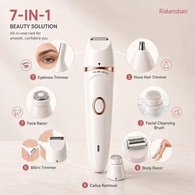 Alt view image 2 of 7 - 7-in-1 Electric Shaver for Women,Bikini Trimmer for Women, Waterproof & USB Rechargeable with Body Hair Trimmer,Eyebrow Trimmer, Nose Hair Clipper,Callus Remover &Facial Cleansing Brush,Gifts for Lady