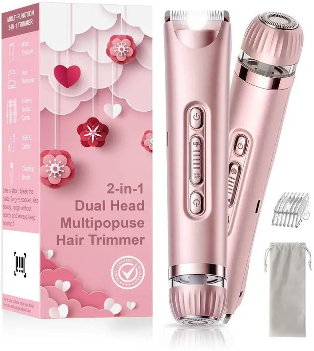Main image of Bikini Trimmer for Women with LED Light, Dual Head Electric Razors for Women for Bikini Line, Face, Legs & Underarms, Waterproof Electric Shaver for Women, Rechargeable Grooming Trimmer