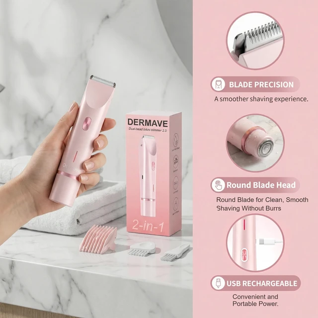 Alt view image 7 of 7 - Bikini Shaver - Cordless Electric Wet & Dry Dual-Head Shaver, Washable, Ceramic Blades, USB Rechargeable, Travel Portable Design (Pink)