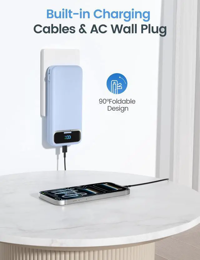 Alt view image 4 of 7 - Portable Charger 12000mAh with Built-in Cables&AC Wall Plug, Blue