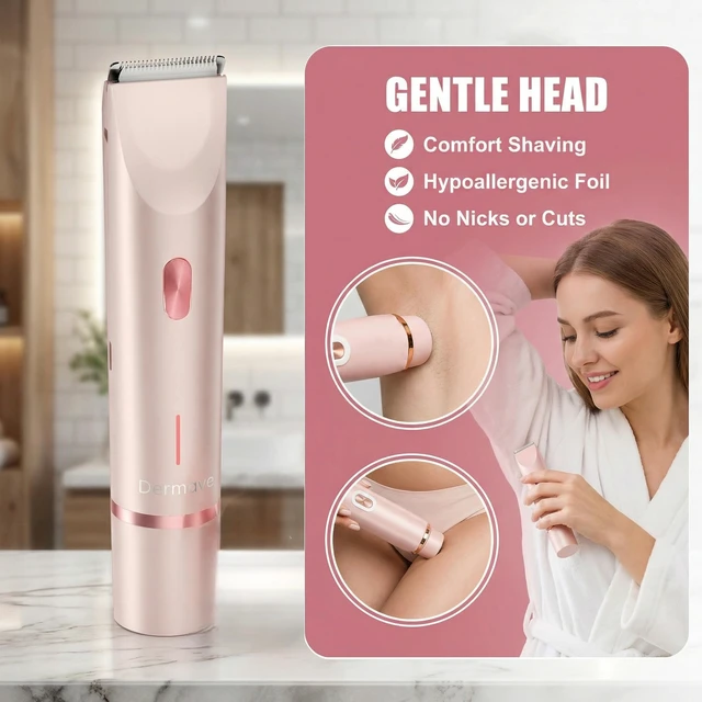 Alt view image 5 of 7 - Bikini Shaver - Cordless Electric Wet & Dry Dual-Head Shaver, Washable, Ceramic Blades, USB Rechargeable, Travel Portable Design (Pink)