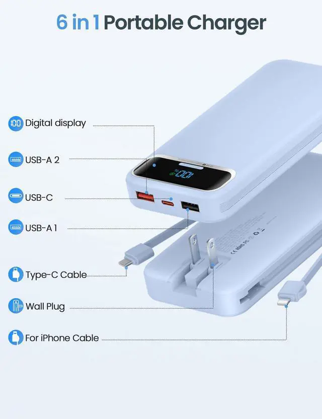 Alt view image 2 of 7 - Portable Charger 12000mAh with Built-in Cables&AC Wall Plug, Blue