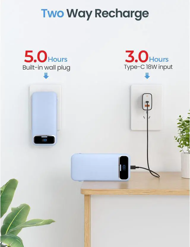 Alt view image 7 of 7 - Portable Charger 12000mAh with Built-in Cables&AC Wall Plug, Blue