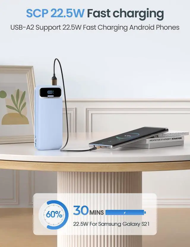 Alt view image 6 of 7 - Portable Charger 12000mAh with Built-in Cables&AC Wall Plug, Blue
