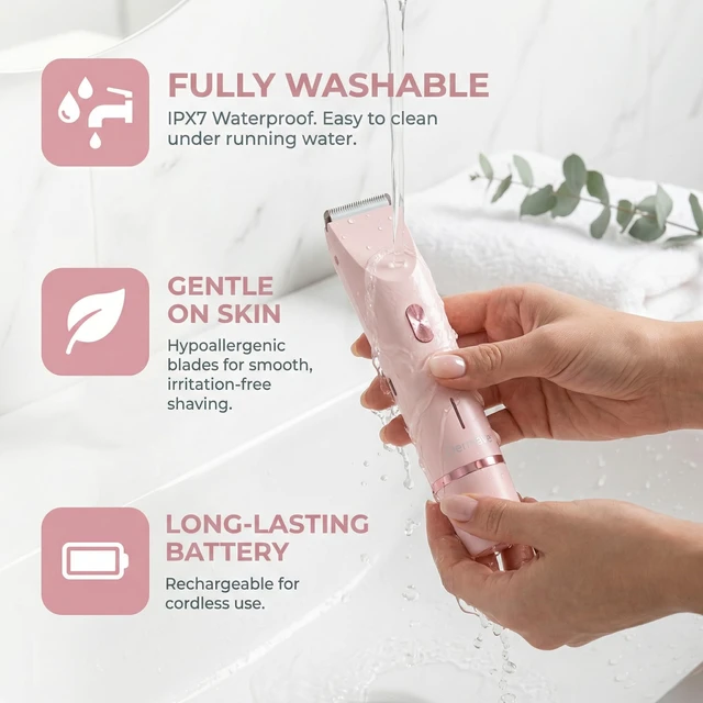 Alt view image 3 of 7 - Bikini Shaver - Cordless Electric Wet & Dry Dual-Head Shaver, Washable, Ceramic Blades, USB Rechargeable, Travel Portable Design (Pink)