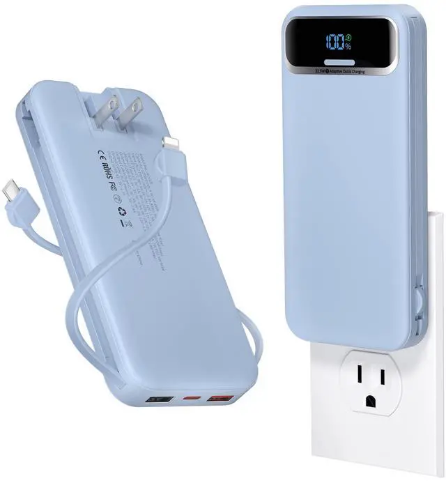Main image of Portable Charger 12000mAh with Built-in Cables&AC Wall Plug, Blue
