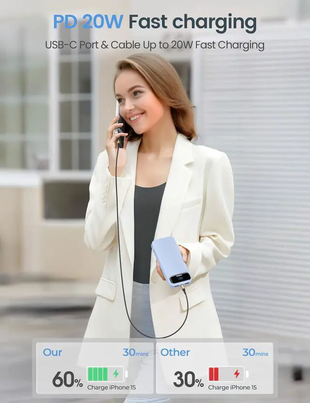 Alt view image 5 of 7 - Portable Charger 12000mAh with Built-in Cables&AC Wall Plug, Blue