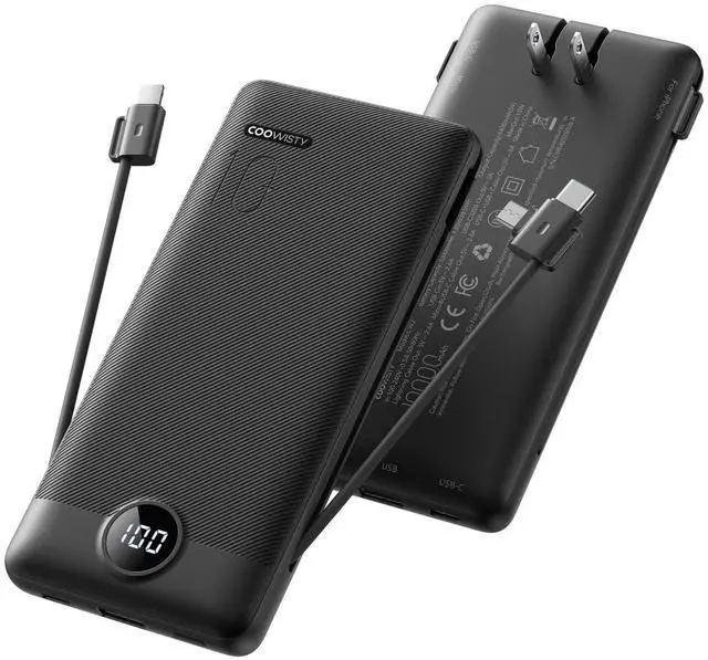 Main image of Portable Charger with Wall Plug, Slim USB C Power Bank with Built-in Cables, 10000mah LED Display External Battery Pack Compatible with iPhone/Android & More (Black)