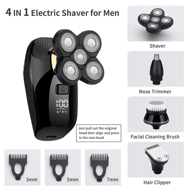 Alt view image 4 of 7 - 4 in 1 Electric Head Shaver Set - Bald Shaver, Wet & Dry, Cordless, with Nose & Ear Trimmer, Facial Cleansing, Rechargeable, IPX6 Waterproof