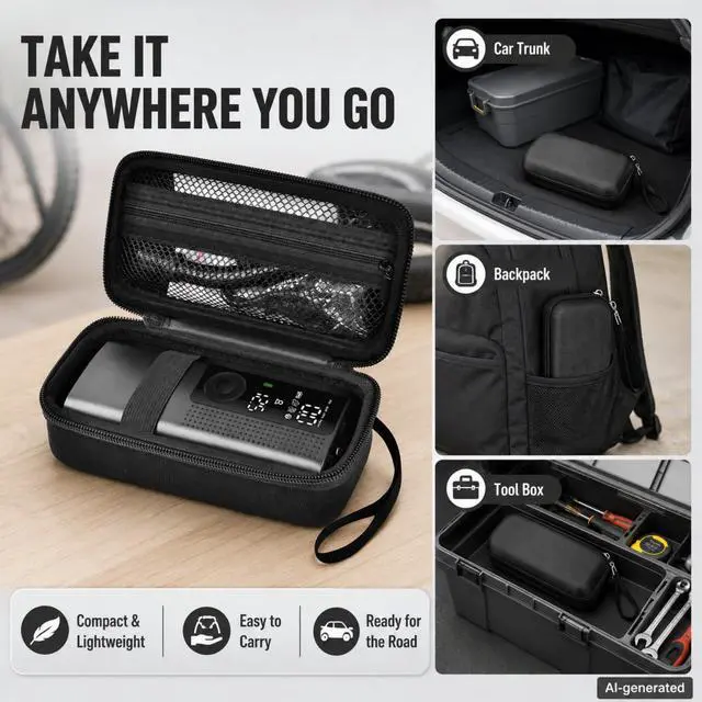 Alt view image 5 of 7 - Case Compatible with Airmoto & 120 PSI Portable Air Compressor, Hard Tire Inflator Storage with Mesh Pocket for USB Cable, Air Hose & Accessories Fits Car, Bike, Motorcycle Inflator- Black