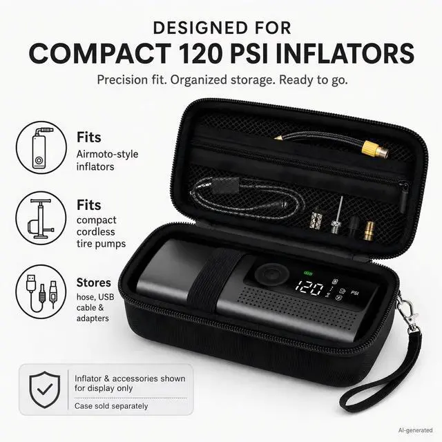 Alt view image 2 of 7 - Case Compatible with Airmoto & 120 PSI Portable Air Compressor, Hard Tire Inflator Storage with Mesh Pocket for USB Cable, Air Hose & Accessories Fits Car, Bike, Motorcycle Inflator- Black