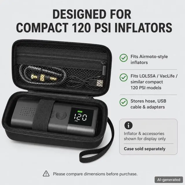Alt view image 4 of 7 - Case Compatible with Airmoto & 120 PSI Portable Air Compressor, Hard Tire Inflator Storage with Mesh Pocket for USB Cable, Air Hose & Accessories Fits Car, Bike, Motorcycle Inflator- Black