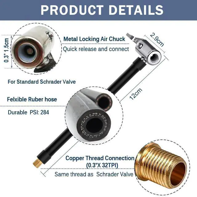 Alt view image 2 of 6 - 2PCs Air Inflator Hose Adapter Convert Twist On Connection to Lock On Connection, Locking Air Chuck with Hose and Standard Tire Valve Fine Thread