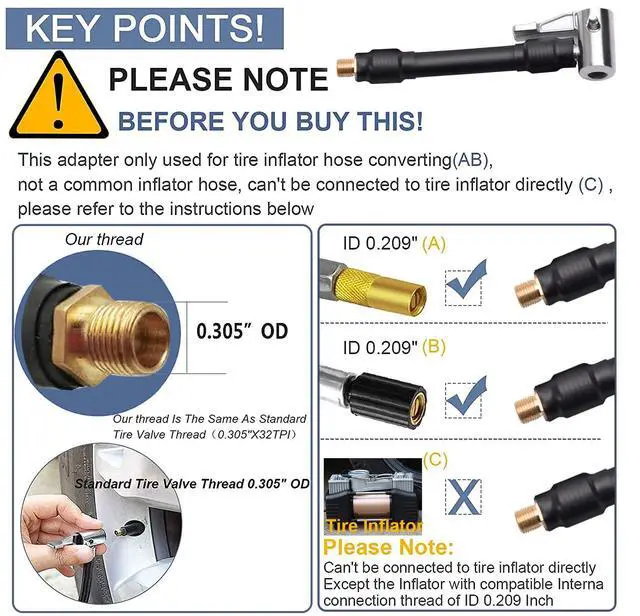Alt view image 6 of 6 - 2PCs Air Inflator Hose Adapter Convert Twist On Connection to Lock On Connection, Locking Air Chuck with Hose and Standard Tire Valve Fine Thread