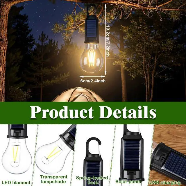 Alt view image 3 of 7 - 4 Pack Solar Tent Lights for Camping, Yellow Mosquito Repellent Light Bulbs, Rechargeable Hanging Lanterns with Hooks, Portable Bug Proof LED Lantern for Camping, Hiking & Emergency Power(T01)