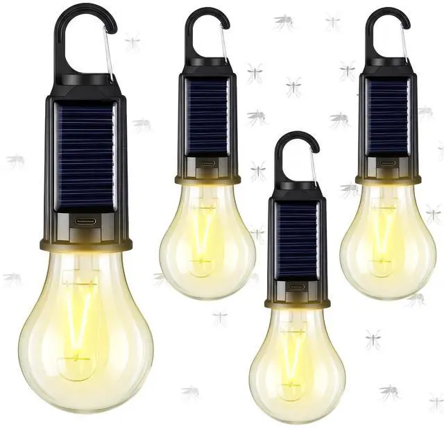 Main image of 4 Pack Solar Tent Lights for Camping, Yellow Mosquito Repellent Light Bulbs, Rechargeable Hanging Lanterns with Hooks, Portable Bug Proof LED Lantern for Camping, Hiking & Emergency Power(T01)