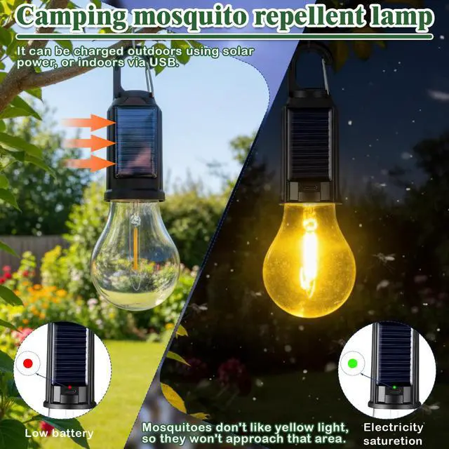 Alt view image 6 of 7 - 4 Pack Solar Tent Lights for Camping, Yellow Mosquito Repellent Light Bulbs, Rechargeable Hanging Lanterns with Hooks, Portable Bug Proof LED Lantern for Camping, Hiking & Emergency Power(T01)