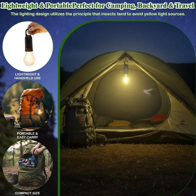 Alt view image 5 of 7 - 4 Pack Solar Tent Lights for Camping, Yellow Mosquito Repellent Light Bulbs, Rechargeable Hanging Lanterns with Hooks, Portable Bug Proof LED Lantern for Camping, Hiking & Emergency Power(T01)