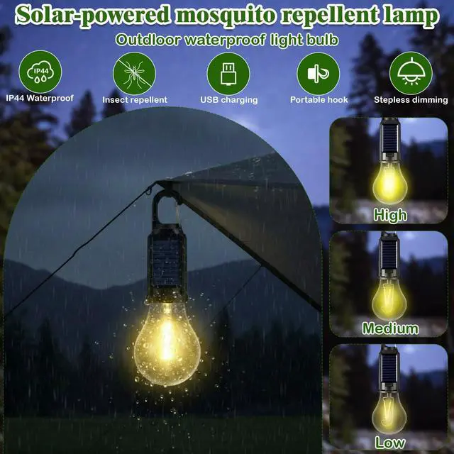 Alt view image 7 of 7 - 4 Pack Solar Tent Lights for Camping, Yellow Mosquito Repellent Light Bulbs, Rechargeable Hanging Lanterns with Hooks, Portable Bug Proof LED Lantern for Camping, Hiking & Emergency Power(T01)