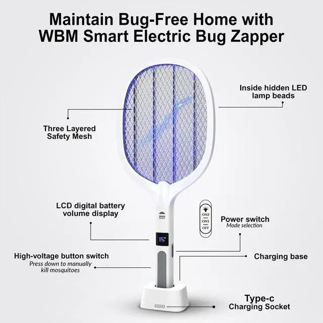 Alt view image 4 of 7 - 2 in 1 Electric Bug Zapper, Mosquitoes Trap Lamp & Racket, USB Rechargeable Electric Fly Swatter for Home and Outdoor Powerful Grid 3-Layer Safety Mesh Safe to Touch