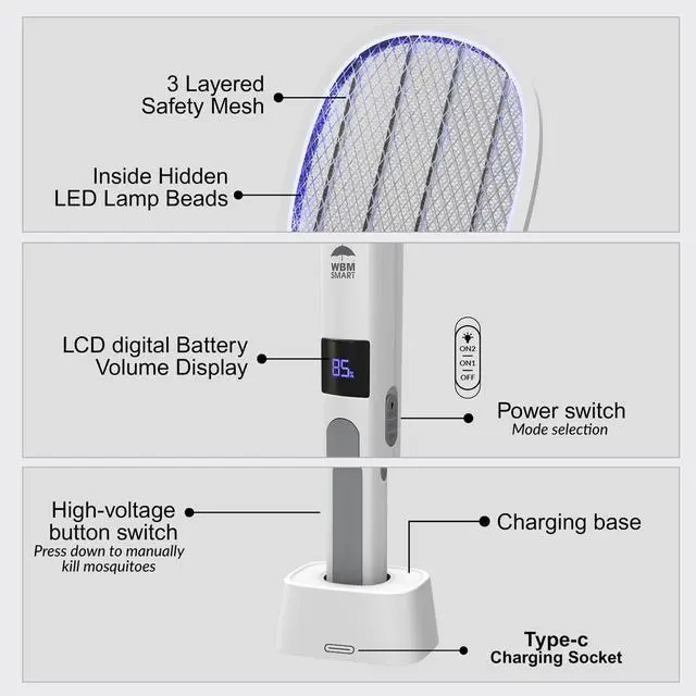Alt view image 7 of 7 - 2 in 1 Electric Bug Zapper, Mosquitoes Trap Lamp & Racket, USB Rechargeable Electric Fly Swatter for Home and Outdoor Powerful Grid 3-Layer Safety Mesh Safe to Touch