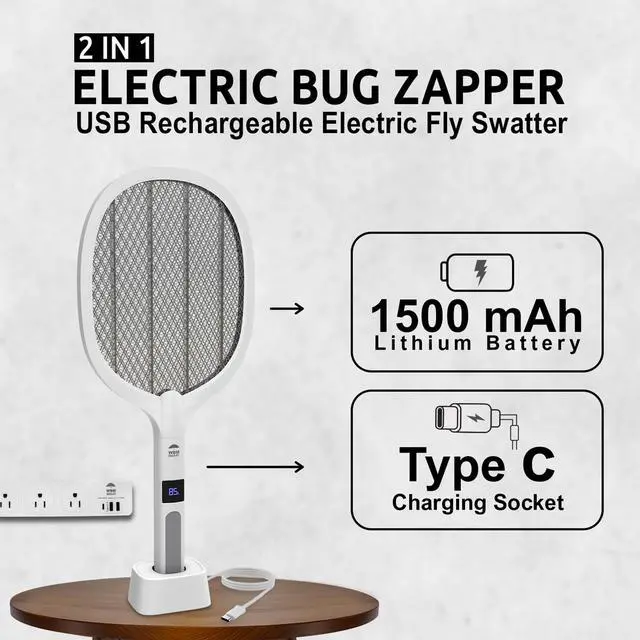 Alt view image 6 of 7 - 2 in 1 Electric Bug Zapper, Mosquitoes Trap Lamp & Racket, USB Rechargeable Electric Fly Swatter for Home and Outdoor Powerful Grid 3-Layer Safety Mesh Safe to Touch